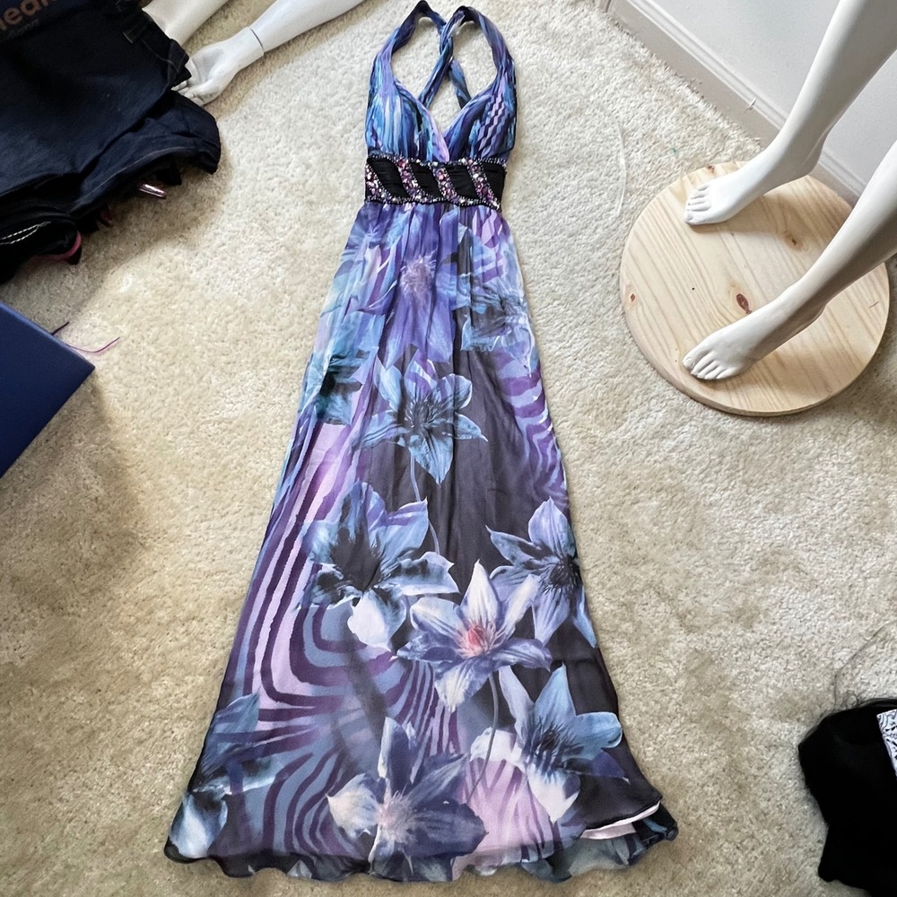 Vintage Cache Floral Beaded Halter Maxi Dress Y2K Fairy Whimsical Formal Size 0